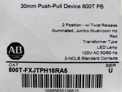 NEW ALLEN BRADLEY 800T-FXJTPH16RA5 PUSH PULL SWITCH 800TFXJTPH16RA5 SER U