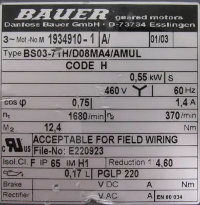 NEW BAUER BS03-71H/D08MA4/AMUL GEARMOTOR BS0371HD08MA4AMUL 1934910-1