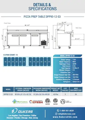 New | in-Stock Dukers New Dukers DPP90-12-S3 Commercial 3-Door Pizza Prep Table Refrigerated Food Prep Tables Illinois US | Falcon Restaurant Supply #1376309