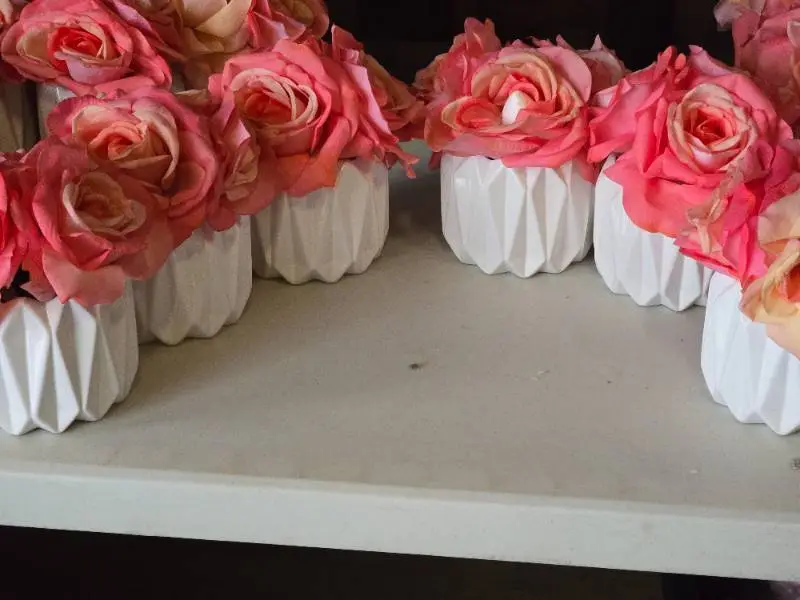 Lot of (6) Silk Faux Rose Boquet Arrangement in White Ceramic Vase (pink)