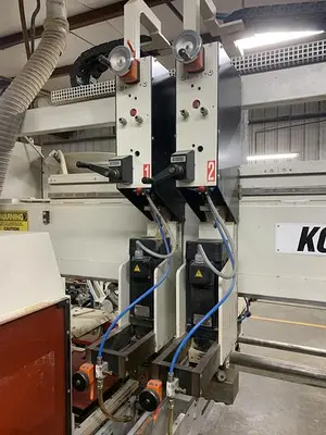 KOCH SBD-B DOUBLE-END FEED-THROUGH TRIM, BORE, GLUE, & DOWEL MACHINE