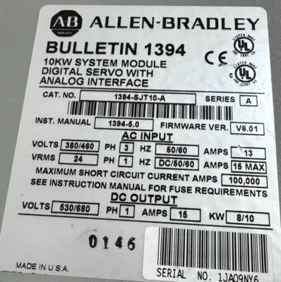 ALLEN BRADLEY 1394-SJT10-A SERVO DRIVE SER. A 1394SJT10A UNUSED SURPLUS