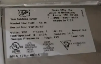 142-1064 Duke RUF-48-M 48 Inch 2 Door Self Contained Worktop Cooler