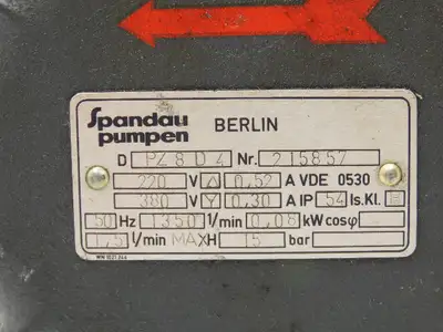 Spandau Pumpen PZ 8 D 4 Hydraulic Pump 1.5 LPM 1350 RPM 380/460V 3PH