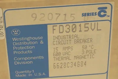 NEW WESTINGHOUSE FD3015VL CIRCUIT BREAKER SER. C, 15A, 600VAC, 3 POLE