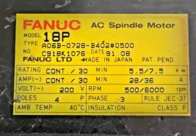 Fanuc AC Spindle Motor A06B-0728-B402#0500 Model 18P A06B-0728-B402#0500