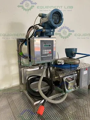 USED QUATTRO FLOW PUMP W/ 3HP MOTOR, ROSEMOUNT CMF010 MASS FLOW SENSOR, TRANSMITTER