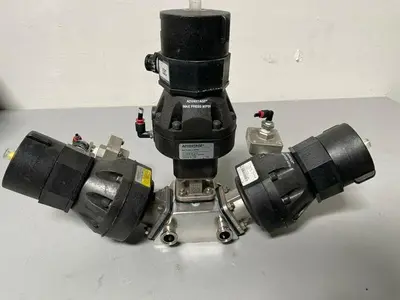 USED 3 ITT PURE-FLO A108 STAINLESS STEEL DIAPHRAGM VALVES W/ POSITION MONITOR