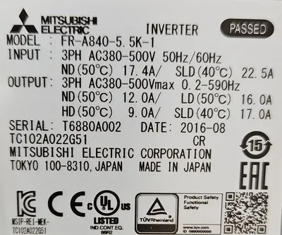 Mitsubishi FR-A840-5.5K-1 Variable Frequency Drive. Loc 1C-1 / 3-H