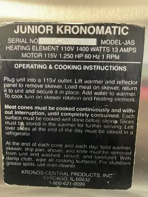 Used Kronomatic Used Kronomatic Junior Commercial Electric Gyro Broiler Cooker 110V 1400W Broilers Illinois US | Falcon Restaurant Supply #1375847