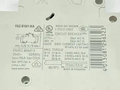 FAZ-B10/1-NA | Eaton  Circuit Breaker 1-Pole 10A 48V 277V - Used
