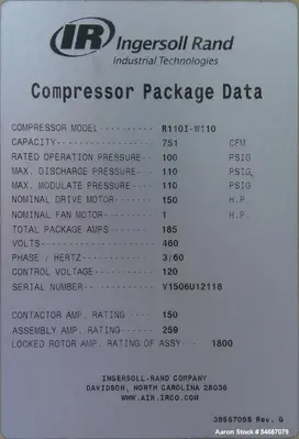 Used INGERSOLL-RAND R110I-W110 Rotary Screw & Sliding Vane Air Compressors Illinois US | Aaron Equipment #1515594