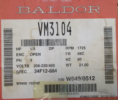 NEW BALDOR VM3104 MOTOR 1/3HP 1725RPM 208-230/460V 56C