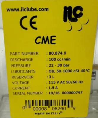 NEW ILC LUBE 80.874.0 LUBRICATION PUMP 100cc/MIN 3L CME 808740