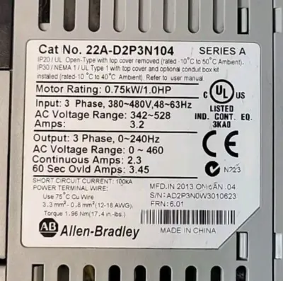 ALLEN BRADLEY 22A-D2P3N104 PowerFlex4 AC Drive 1.0H Loc1C41