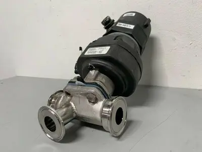 USED ITT SHEROTEC 3-WAY STAINLESS STEEL VALVE W/ 2" SANITARY FIT & POSITION MONITOR