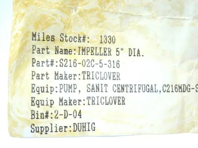NEW TRI-CLOVER S216-02C-5-316 IMPELLER 5" S21602C5316