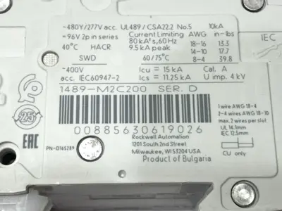 USED ALLEN-BRADLEY SER. D MINIATURE CIRCUIT BREAKER 2 POLE 20A 480Y/277V