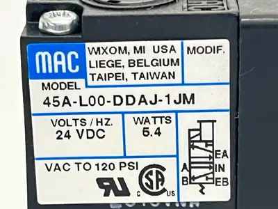 45A-L00-DDAJ-1JM | Mac Valves  Solenoid Valve 24VDC w/ MURR 7000-42081 Connector - Used