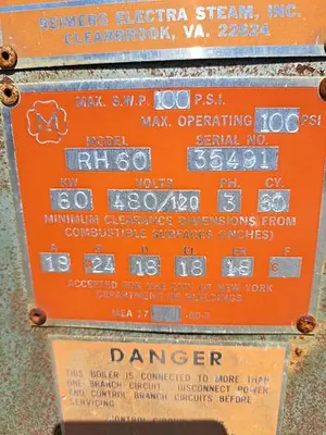 Boiler, 6.6 HP, Riemers, Electric, 100 PSI, 60 kW #S736803