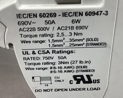 SIBA 51-058 05.3 50 AMP FUSE HOLDER 690/750V 4C-28