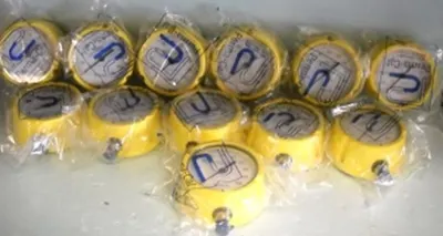 QTY. 12. PERMA-CAL CORP GAUGES 4" DIAL YELLOW PLAS...