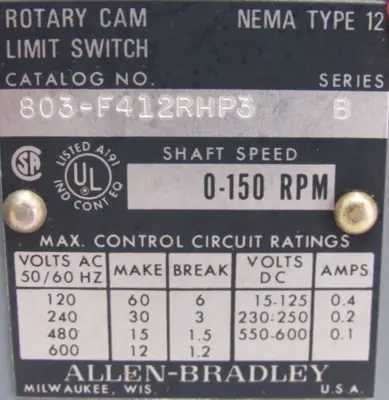 ALLEN BRADLEY 803-F412RHP3 ROTARY CAM LIMIT SWITCH TYPE 12 SER.B NEW SURPLUS
