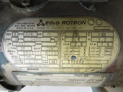 EG&G Rotron 036746 DR404BR72 3/4Hp Regenerative Vacuum Blower 230/460V 3Ph