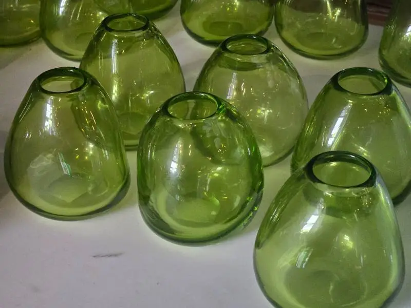 Lot of (6) Handblown Art Glass Table Vases by Holmegaard 4" x 4" (green) (rounded triangle)