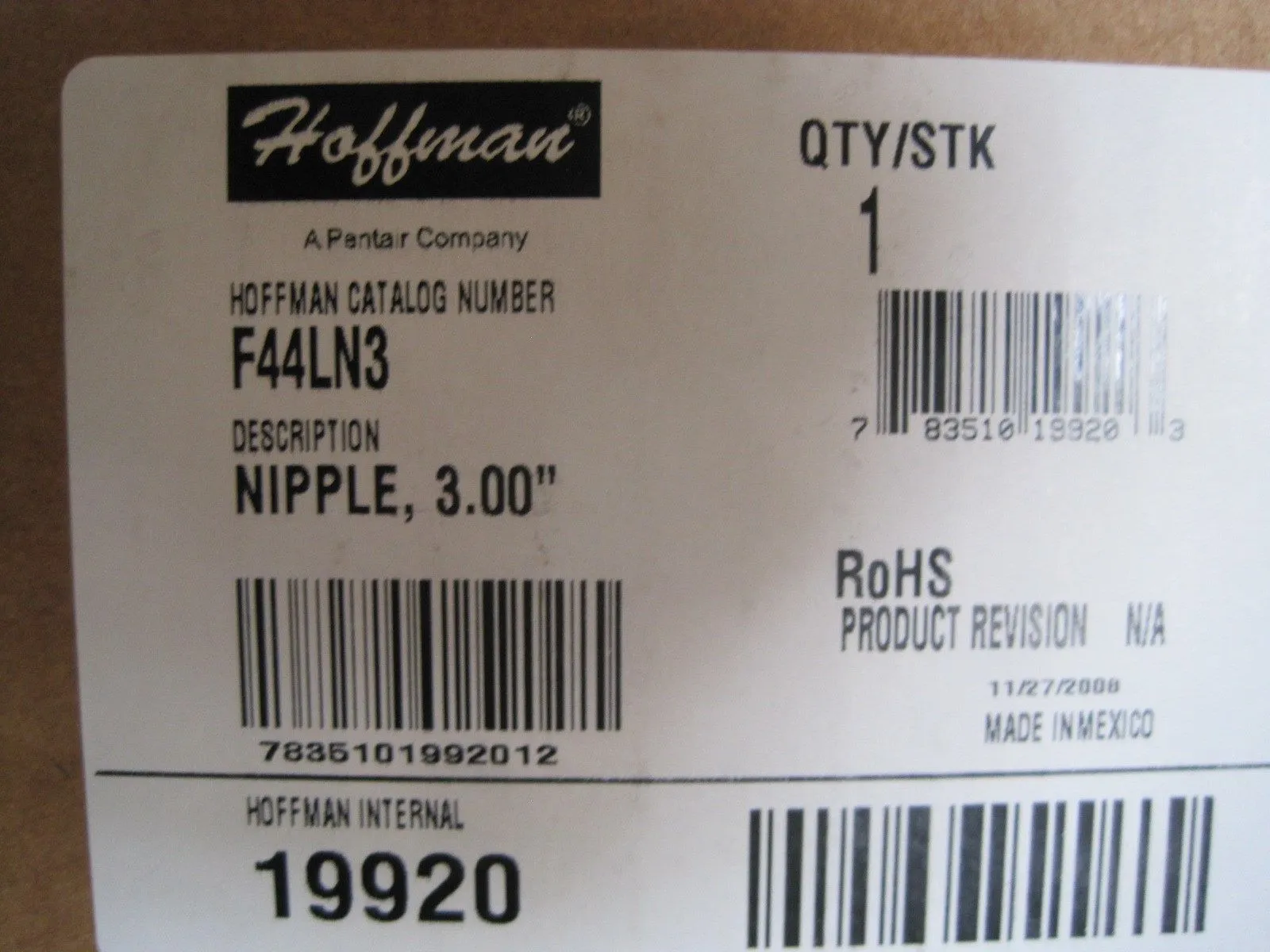 NEW HOFFMAN ENCLOSURES F44LN3 WIREWAY NIPPLE