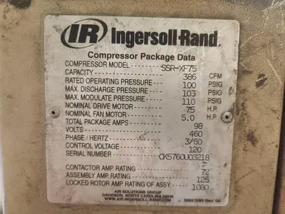 75 HP INGERSOLL-RAND MODEL #SSR-XF75 ROTARY SCREW AIR COMPRESSOR: YOBRO #25149