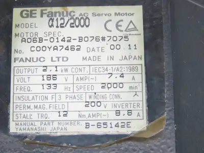 Fanuc A06B-0142-B076 AC Servo Motor 2.1kW 186v 3Ph 2000RPM Encoder A8600360V511