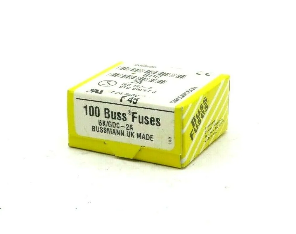 NEW SEALED BUSSMANN BKGDC-2A FUSES 2AMP 125V BKGDC2A BOX OF 100