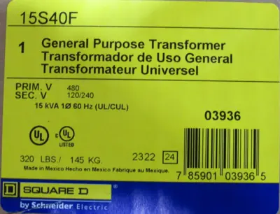 NEW SQUARE D 15S40F TRANSFORMER 480V PRI 120/240V SEC