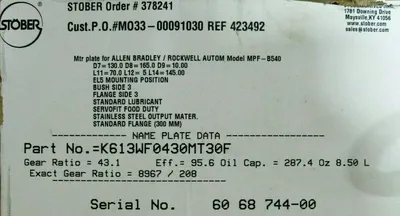 NEW STOBER K613WF0430MT30F GEARHEAD 43.1:1