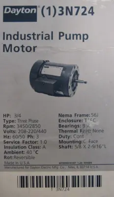 NEW DAYTON 3N724 PUMP MOTOR 3/4HP 3450RPM 208-230/440V