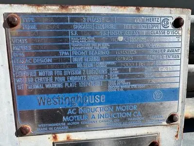Westinghouse 450 HP Electric Motor, 1192 RPM, 460 Volt Motor SN 115S7105