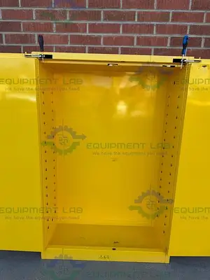 USED JUSTRITE 45 GALLON FLAMMABLE LIQUID STORAGE CABINET W/ SOFT CLOSE DOORS, KEY