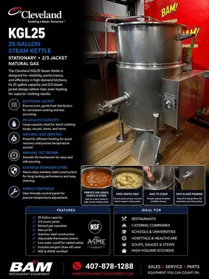 Cleveland KGL25 25 gal Steam Kettle - Stationary, 2/3 Jacket, Natural Gas