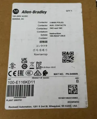 NEW ALLEN BRADLEY 100-E116KD11 CONTACTOR SER. B 3P 100-250VAC/DC 50/60HZ