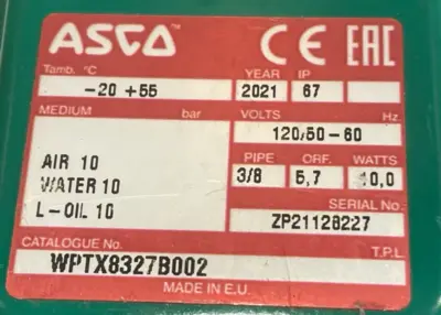 NEW ASCO WPTX8327B002 SOLENOID VALVE 120/50-60