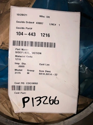 22" Wearplate / Suction SidePlate for Goulds 3175 Pump size 8X10, New Storeroom Spare