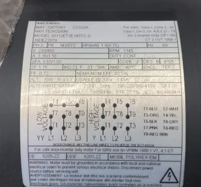 USED WEG ELECTRIC MOTOR 3-PHASE 143/5TC FRAME 1145RPM