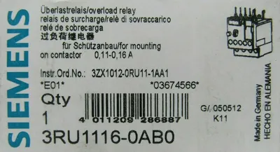 NEW SIEMENS 3RU1116-0AB0 OVERLOAD RELAY 3RU11160AB0