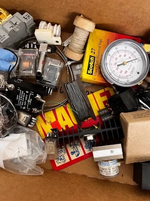 Box of Assorted Industrial Electrical and Pressure Components