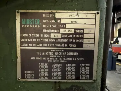 75 TON MINSTER PS2-75-42 PIECE MAKER STRAIGHT SIDE SSDC HIGH SPEED PRESS 2.5" STROKE: YOBRO #23912
