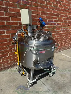 USED PRECISION 250 LITER STAINLESS STEEL JACKETED REACTOR 45 PSI W/ LIGHTNIN MIXER.