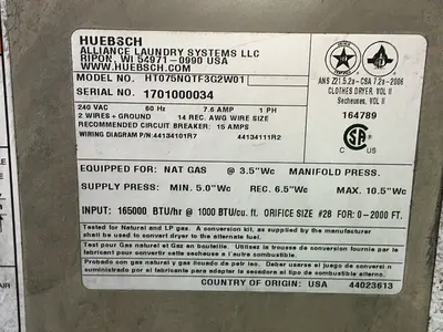 Used HUEBSCH HT075NQTF3G2W01 Heat Treating Units Ohio US | HGR 24 #1418999