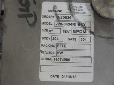 8" 150# Orbinox Knife Gate Valve Hand Wheel Operated , Unused Condition
