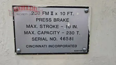 Cincinnati 12’ x 230 Ton Hydraulic Press Brake, Model 230 FMII x 10